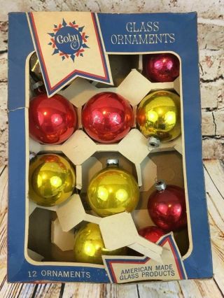 Vintage Coby Glass Christmas Tree Ornaments Balls Gold Red Colored 10 Count