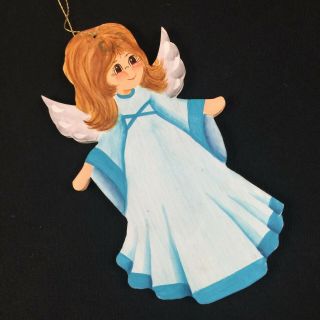 Vtg Christmas Ornament Angel In Blue Dress Wooden Hand Painted 5 "