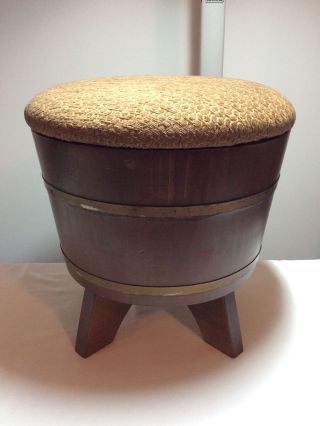 Vintage Wooden Barrel Foot Stool Ottoman Newly Upholstered Top With Storage