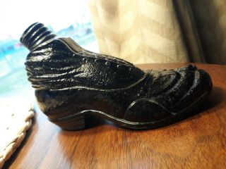 Antique Victorian Black Glass Shoe Figural Bottle Flask Scarce 1800s