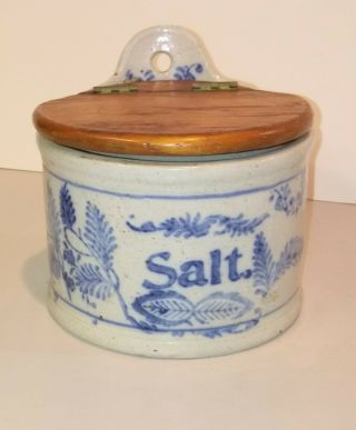 Antique Wall Hung Stoneware Blue Onion Salt Box With Hinged Lid