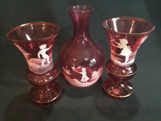 3 Antique Mary Gregory Cranberry Enamel Glass Vases Pair W/ Girl Boy & Bird