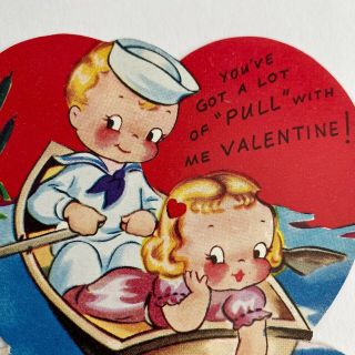 Vintage Valentine’s Day Greeting Card Cute Sailor Boy Rowing Pretty Girl Boat