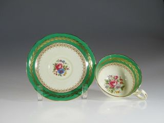 Aynsley Green & Gold Bands With Pink Roses Tea Cup And Saucer,  England C.  1920