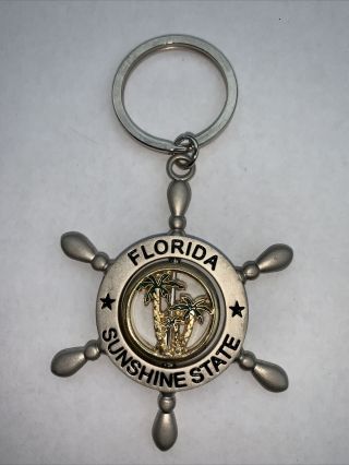 Vintage 70’s Pewter Finish Florida Sunshine State 3” Spinning Metal Keychain