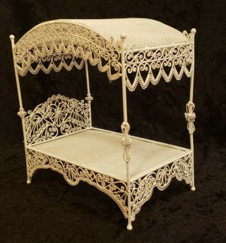 Canopy Poster Bed White Wire Wicker Dollhouse Miniature Furniture 1:12 Vintage