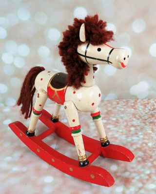 Vintage 7 " Wooden Rocking Horse Christmas Decoration Brown Yarn Mane