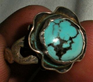 Vintage Navajo Flower Style Turquoise Sterling Silver Ring Vafo