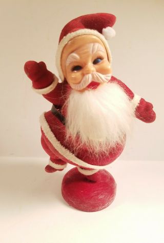 Vtg Flocked Dancing Santa Claus On Stand Plastic Face 9 " Tall Made In Hong Kong