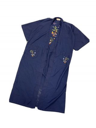 Vintage Chinese Blue Silk Nature Art Hand Embroidered Robe Kimono Xl