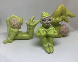 Vintage 3 Lime Green Whimsical Pixie Elf Boy Girl Ceramic Figures Pointed Ears