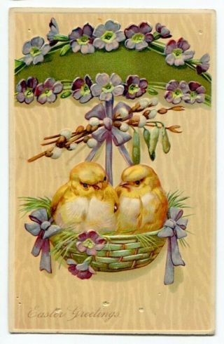 101320 Vintage Pfb Easter Postcard Two Chicks In Basket With Violets 1908
