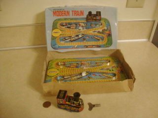 Vintage Mechanical Tin Toy Train Set Wind Up Orig Key Track W/ Box