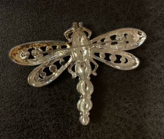 Vintage silver toned dragonfly brooch pin 2” 2