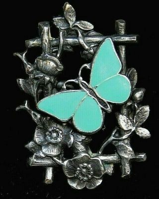 Antique Vtg Button Turquoise Enamel Butterfly In A Frame W Flowers I6