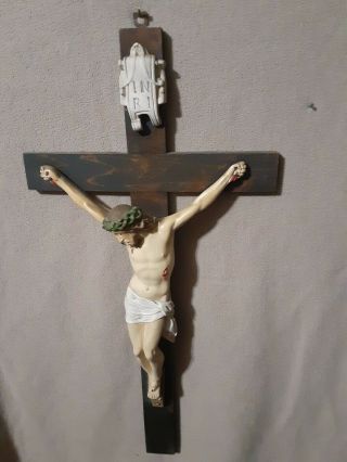 Antique Vintage Crucifix Wood And Painted Chalkware Wall Hanging 29 " X 14.  75 "