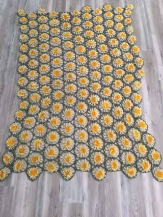 Vintage Handmade Yellow 3d Daisy Flower Crochet Afghan Blanket Throw