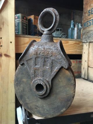 Antique Myers Cast Iron Wood Barn Pulley Block Tackle Vintage Wooden Farm Tool