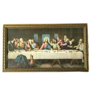 Vtg The Last Supper Art Print Gold Wood Frame 16x9 Christianity Jesus Disciples