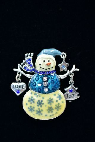 Kc Signed Vintage Pin Brooch Christmas Holiday Snowman Love Joy Rhinestone Bin7