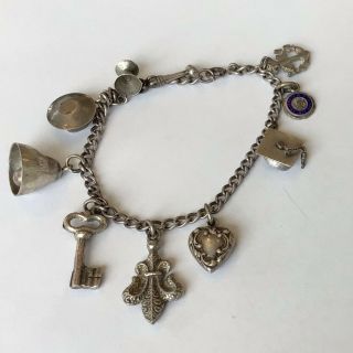 Antique Puffy Heart Charm Bracelet Sterling Silver