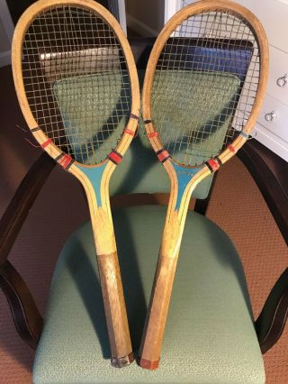 Rare Pair Antique Vintage Tennis Racket Racquet Wood Handles 1 Junior