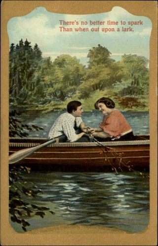 Romantic Couple In Rowboat Poem C1910 Vintage Postcard Sku199