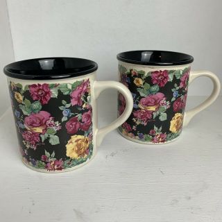 Two Vtg Potpourri Press Tudor Black 1989 80s Floral Chintz Tea Cup Coffee Mug