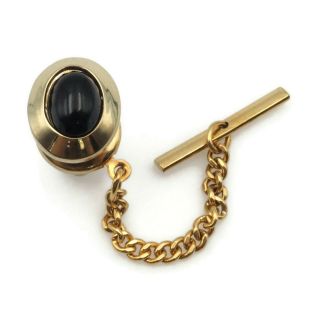 Vintage Estate Fashion Gold Tone Black Onyx Cabochon Oval Tie Tack Pin