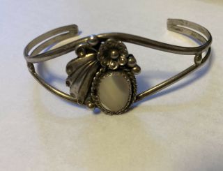 Vintage Navajo Signed? Squash Blossom Sterling Silver Cuff Bracelet