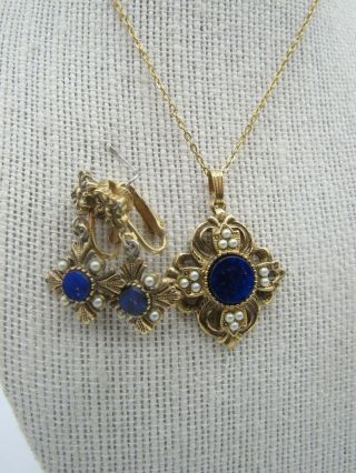 Vintage Gold Tone Blue Stone Pearl Avon Necklace & Clip Earring Set