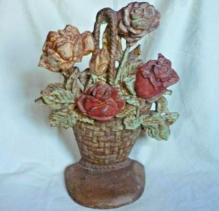 Antique Cast Iron Doorstop Flower Bouquet Basket 9 " Tall