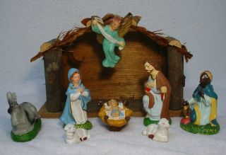 Vintage Christmas Nativity Figures Set Of 8 Plus Manger Creche Made In Japan