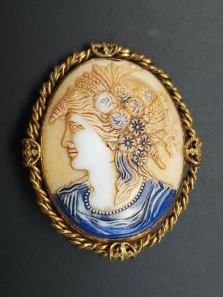 Antique Hand Painted On High Relief Milk Glass Cameo Pin Brooch Gold Tone Frame