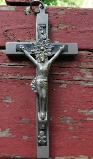 4 3/4 Inches Antique Pectoral Crucifix Wood Inlaid Skull & Crossbones
