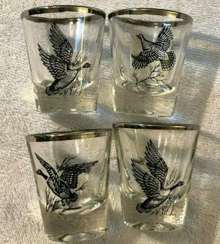Goose Hunting Shot Glasses Set Of 4 Silver Rim Canada Geese Canvasback Vintage