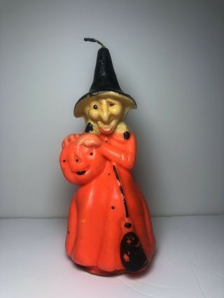 Vintage Gurley Halloween Witch Candle Pumpkin Orange Decoration 8 " Tall