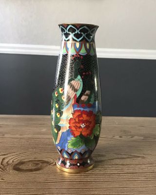Vintage Chinese Black Cloisonne Vase With Peacocks And Flowers 8 " Tall