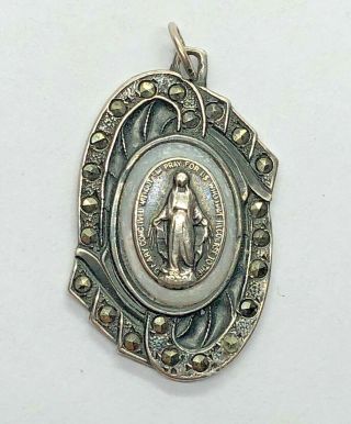 † Miraculous Virgin Mary Antique Sterling Silver Pendant Medal W Marcasites †