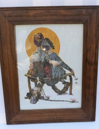 Vintage Norman Rockwell Boy & Girl Gazing At The Moon Framed Canvas Print 1972