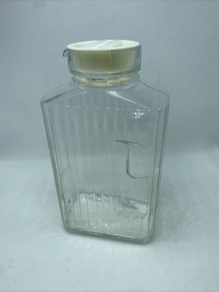 Glass Refrigerator Juice Jar Square Ribbed Jug Pitcher Vintage Luminar Lid
