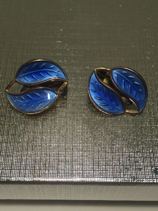 Vtg David Andersen Cobalt Blue Enamel Leaf Clip On Earrings Gold Vermeil Norway