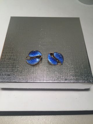 Vtg David Andersen Cobalt Blue Enamel Leaf Clip on Earrings Gold Vermeil Norway 2