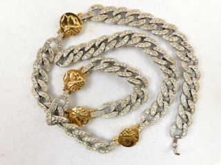 Vintage Signed Kenneth Lane Rhinestone Gold Medallion Chain Link Necklace