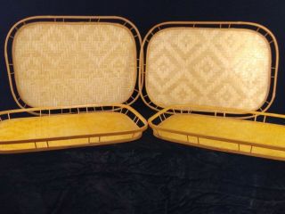 (4) Vintage Bamboo & Woven Rattan Wicker Tiki Style 18 " X 13 " Serving Trays