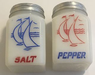Vintage Mckee Milk Glass Salt And Pepper Shakers Tipp City Sailboats Red Blue