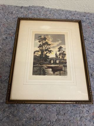 Antique Framed Print Of Lake And Bridge - Signed