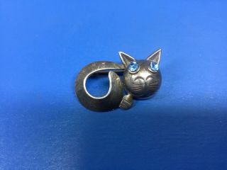 Vintage Jewelry Sterling Silver Cat Brooch Pin W/ Stone Eyes