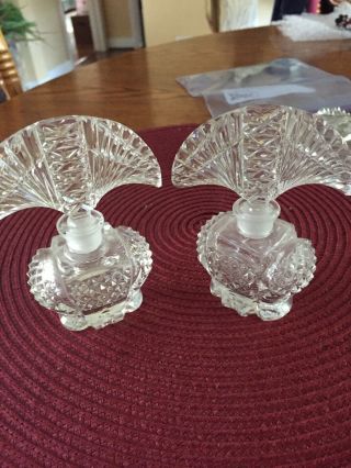 2 Antique Czech Art Deco Crystal Cut Glass Perfume Bottles W Stopper - Stunning