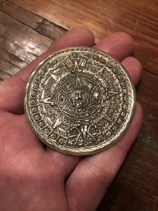 Large 2.  5 Inch Vintage Mexico Sterling Silver 925 Aztec Calendar Pendant Brooch